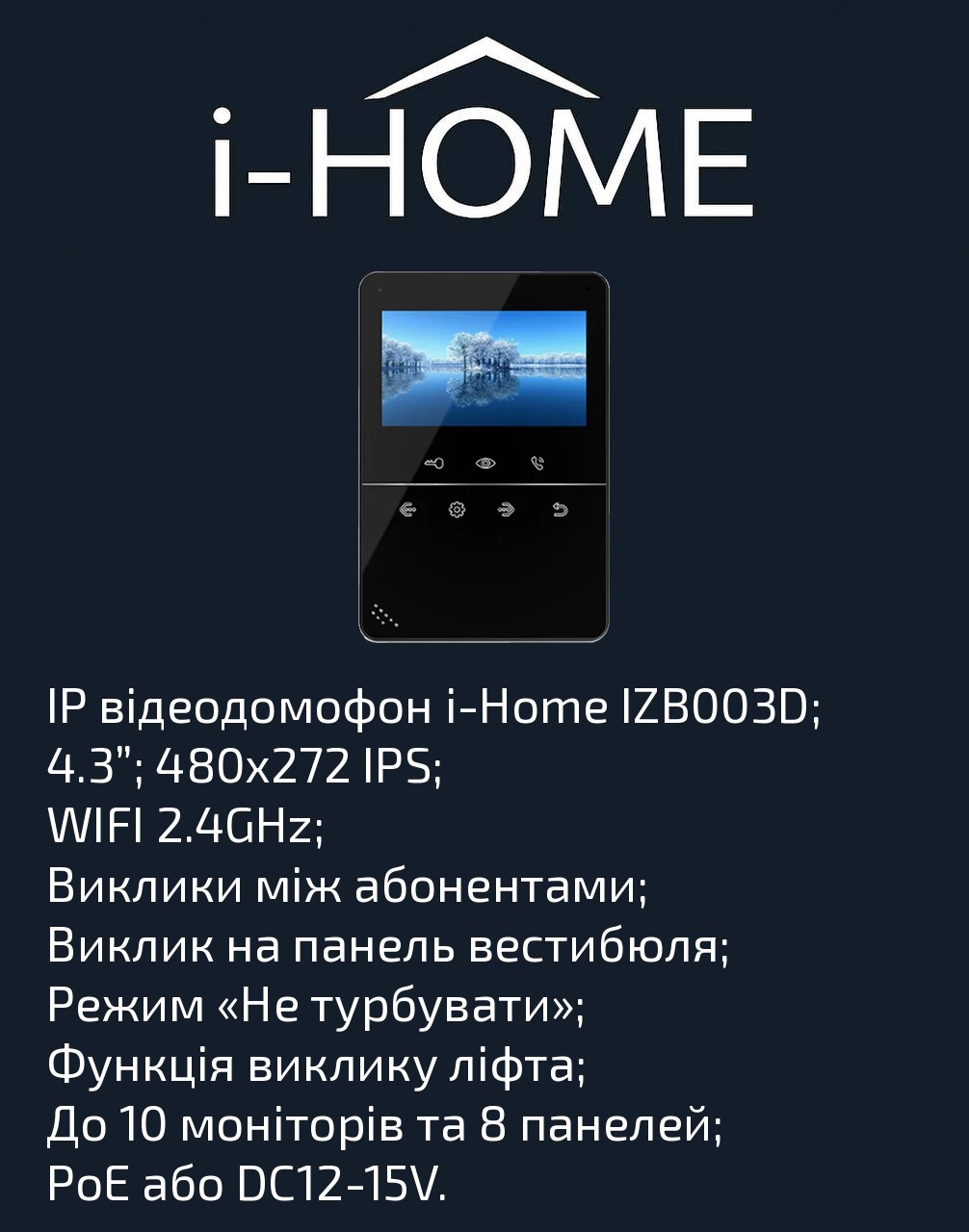 i-Home IZB003D — внутрішній монітор 4.3″ IPS з Wi-Fi, інтеркомом, режимом «Не турбувати» та викликом ліфта