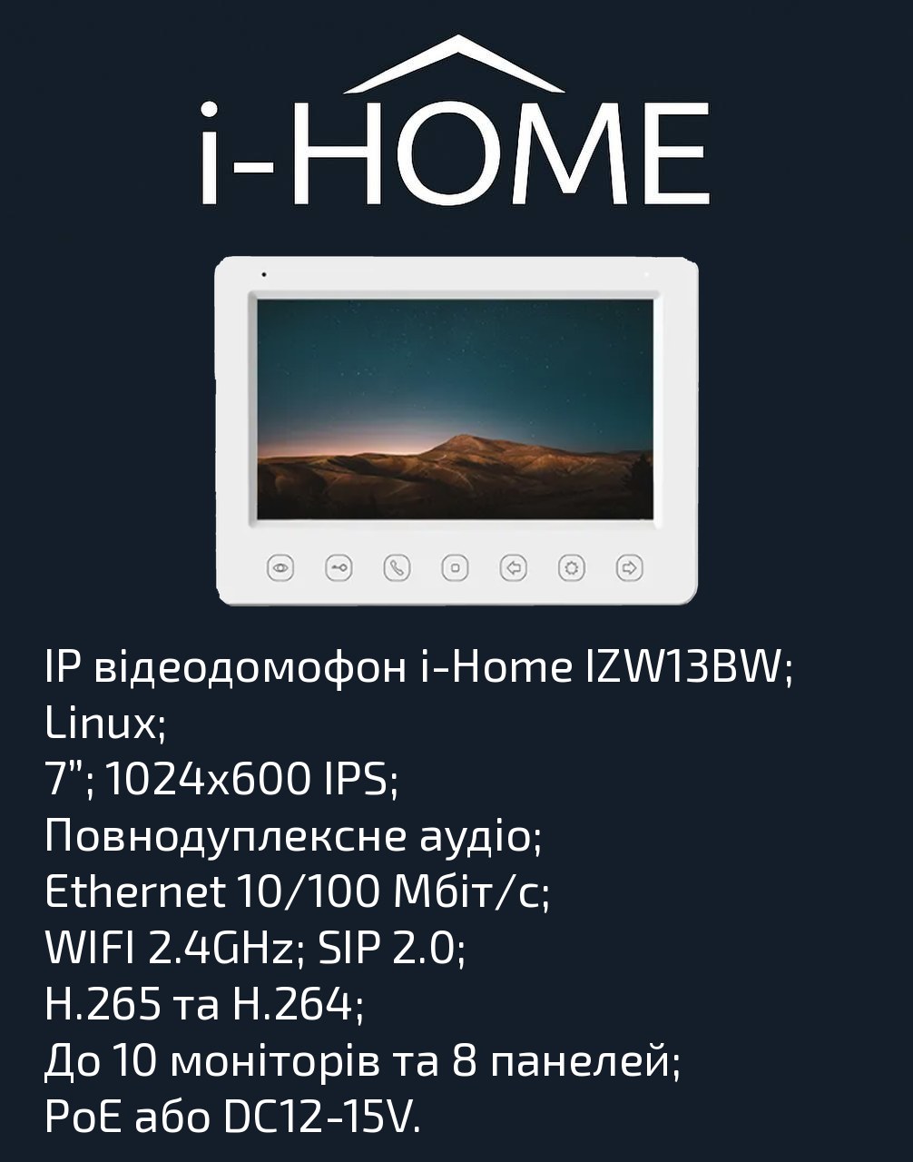 i-Home IZW13BW — внутрішній відеомонітор 7″ IPS з Linux, SIP 2.0, Wi-Fi 2.4 ГГц та повнодуплексним аудіо